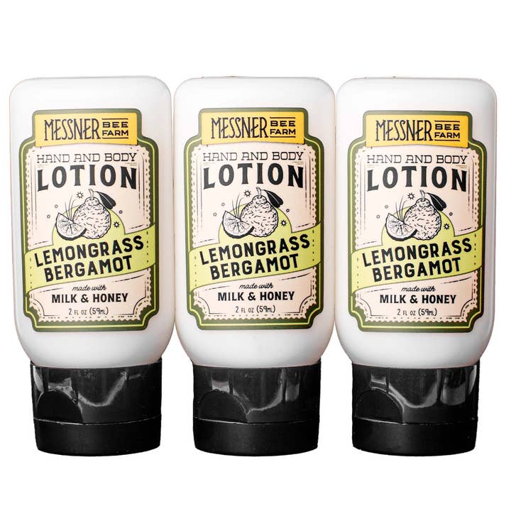 Citrongræs Bergamot - Mælk og Honning Lotion - 2 ounce. Rejse for engroshandel hos Messner Bee Farm