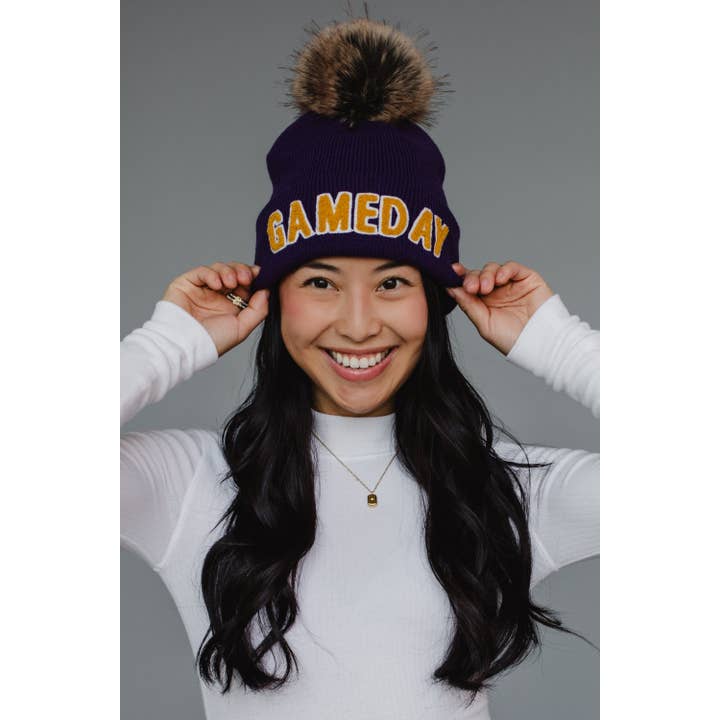 Panache Apparel Co. - Wholesale Beanie – Women's - Purple & Gold Game Day Pom Hat1