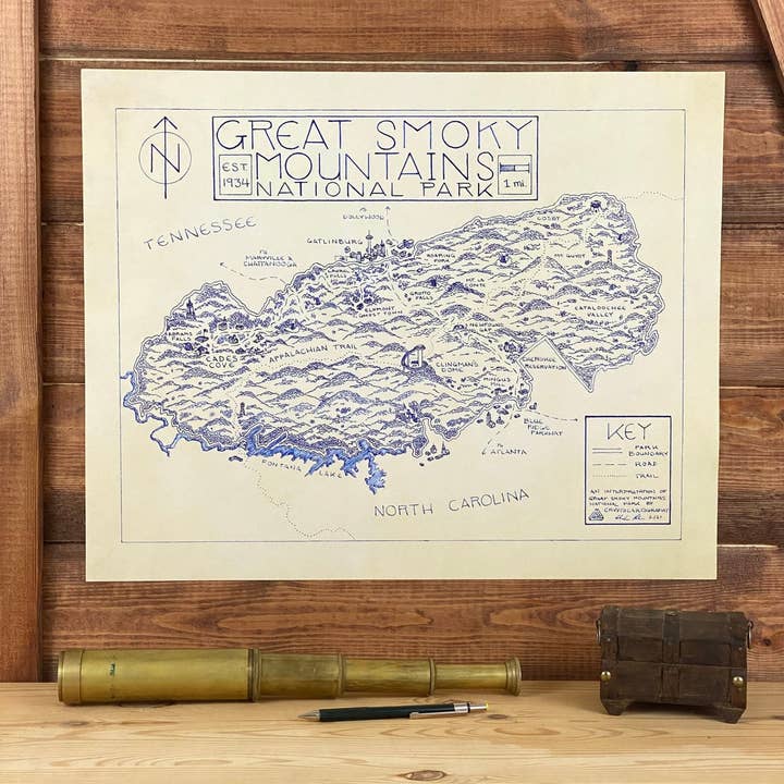 Stora rökiga bergen nationalpark handritad karta Skriv ut för wholesale av Cryptocartography