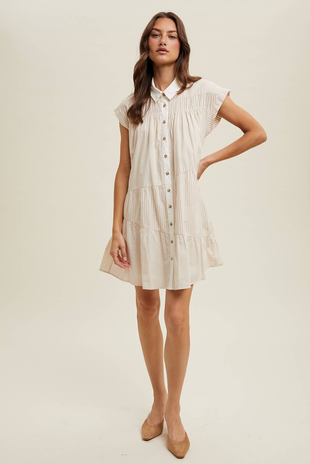 TAUPE WHITE MULTI-STRIPED BUTTON-UP MINI DRESS / WL24-9445 for wholesale on Faire1