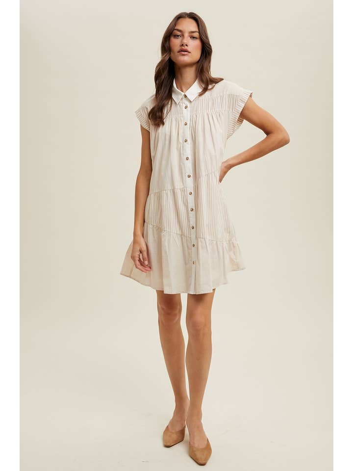 TAUPE WHITE MULTI-STRIPED BUTTON-UP MINI DRESS / WL24-9445 for wholesale on Faire1