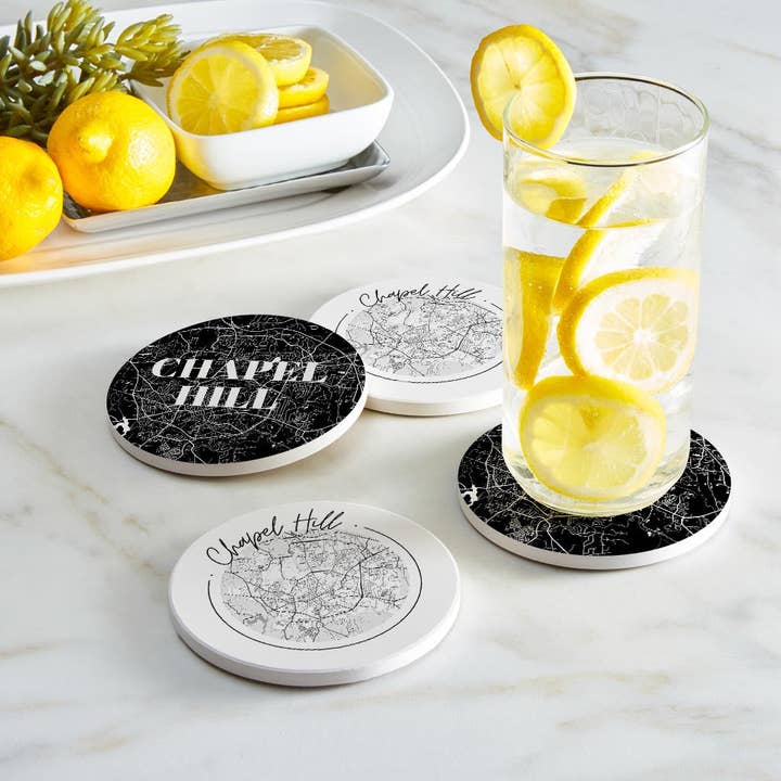 Love Local - Wholesale Coasters - Minimalistic B&W North Carolina Chapel Hill Maps | Absorbent Coasters | Set of 4 | Min 21