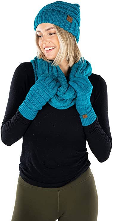 Funky Junque - Wholesale Winter Accessory Set - Women's - C.C Oversized Beanie, Glove & Scarf set - Teal1