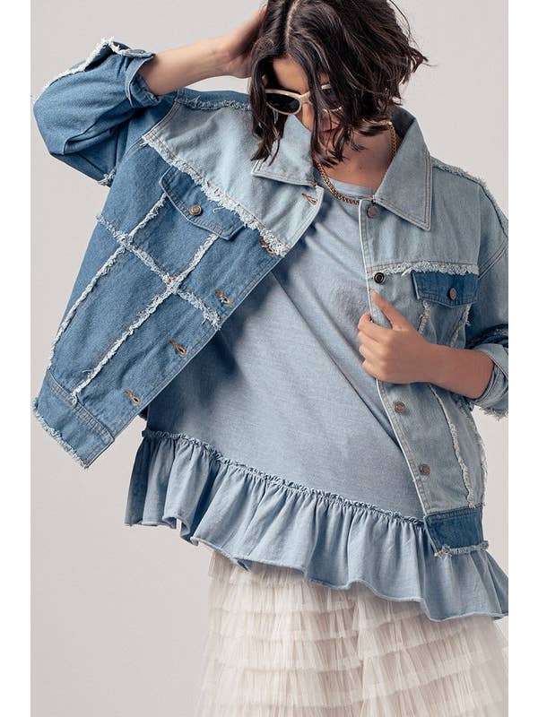 Retro Patchwork Frayed Hem Ruffle Cotton Denim Jacket for wholesale on Faire9