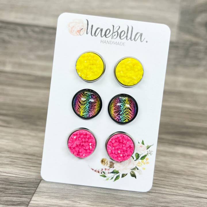 Set van 3 oorringen met studs Neon Animal Print & Druzy voor wholesale door Hazel Hill ~MaeBella~