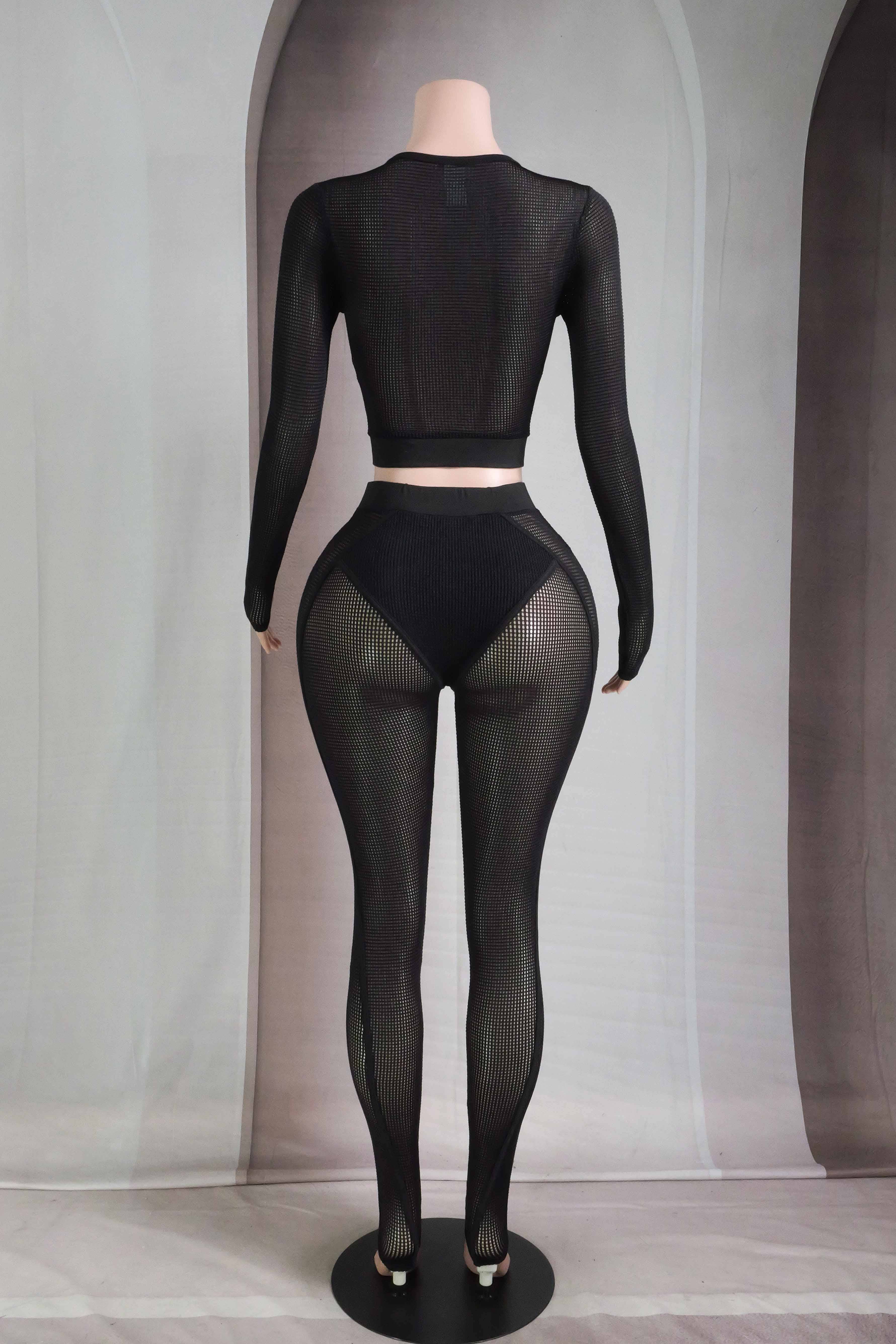 Dalia Studio - Vendita all'ingrosso Completo top e pantaloni (NON loungewear) - Donna - Set maglia a maniche lunghe e leggings in rete popcorn2