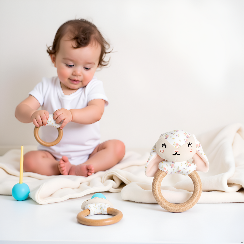 Pearhead - Wholesale Teether (Not Clip-On) - Baby - Floral Bunny Wooden & Plush Baby Teether6