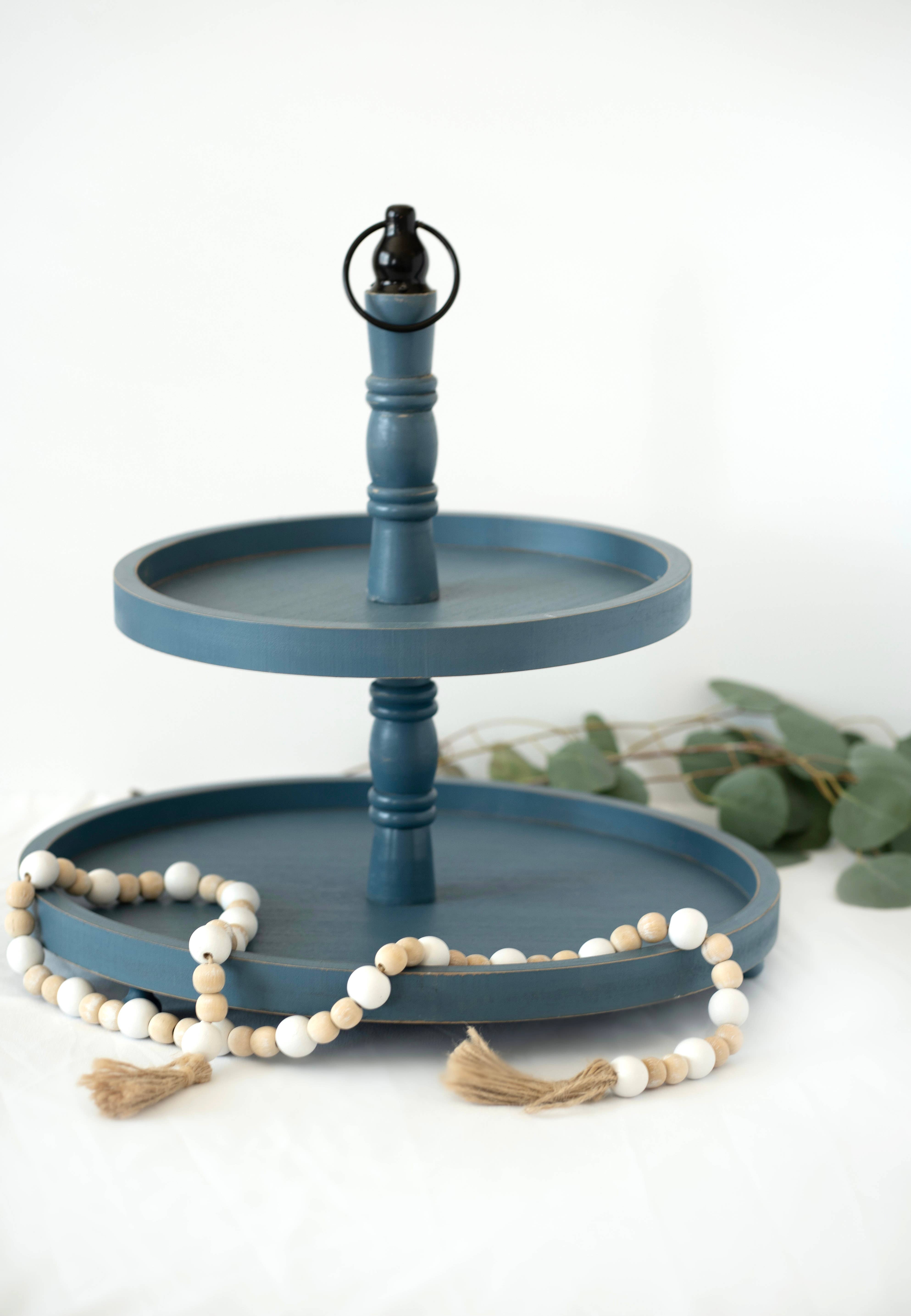 Devanie At Home (Formerly Adams & Co.) - Wholesale Decorative Tray - 11427 - 15.5x18x15.5 two tiered wood tray, blue AMERICANA0