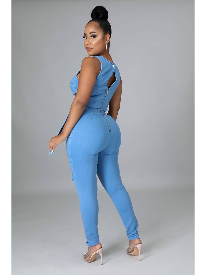 5besties inc - Wholesale Jumpsuit - Women's - Cut Out Detail Tie Denim Jumpsuit.3