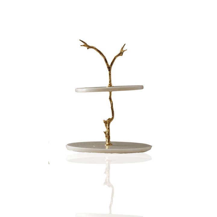 Two-Tier White Marble Stand With Gold Branch Detail for wholesale by MARLETH