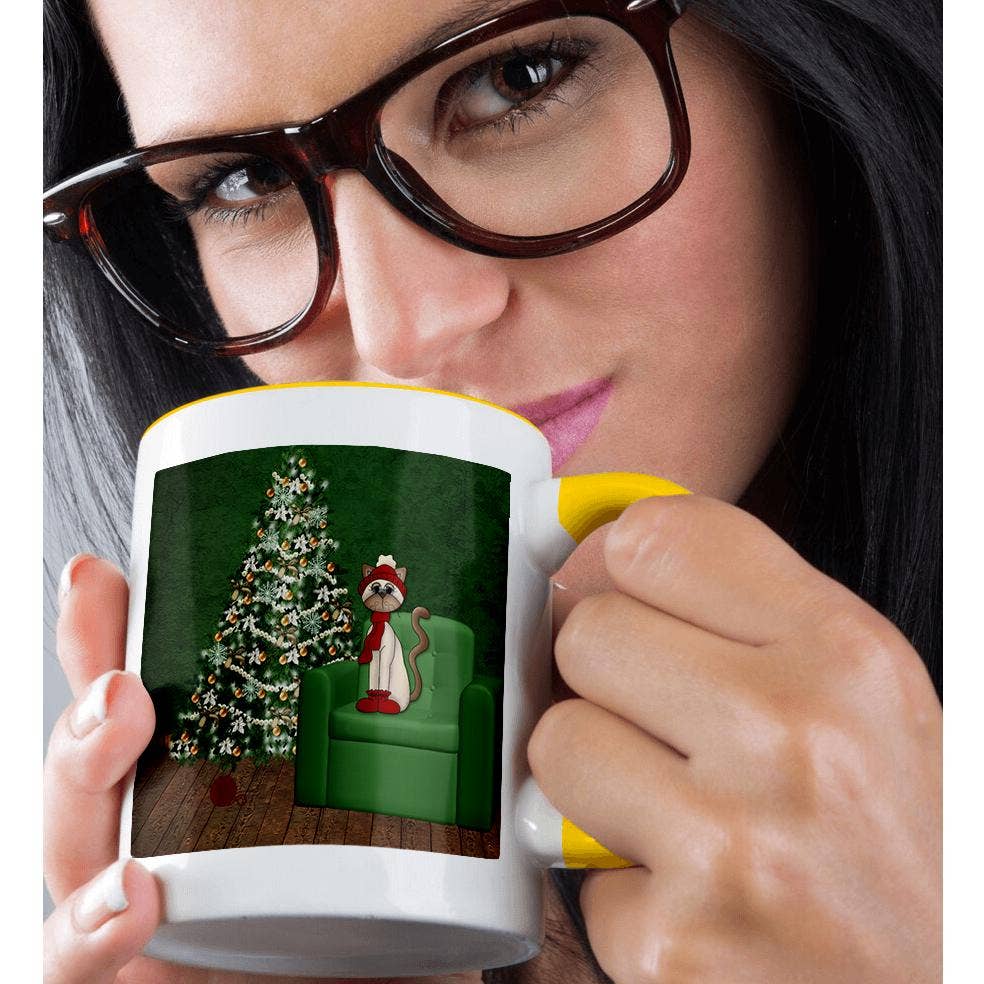 3dRose - Wholesale Coffee Mug - 3dRose, Cute Kitty Cat is ready for Christmas Living Room Setting, Mug1