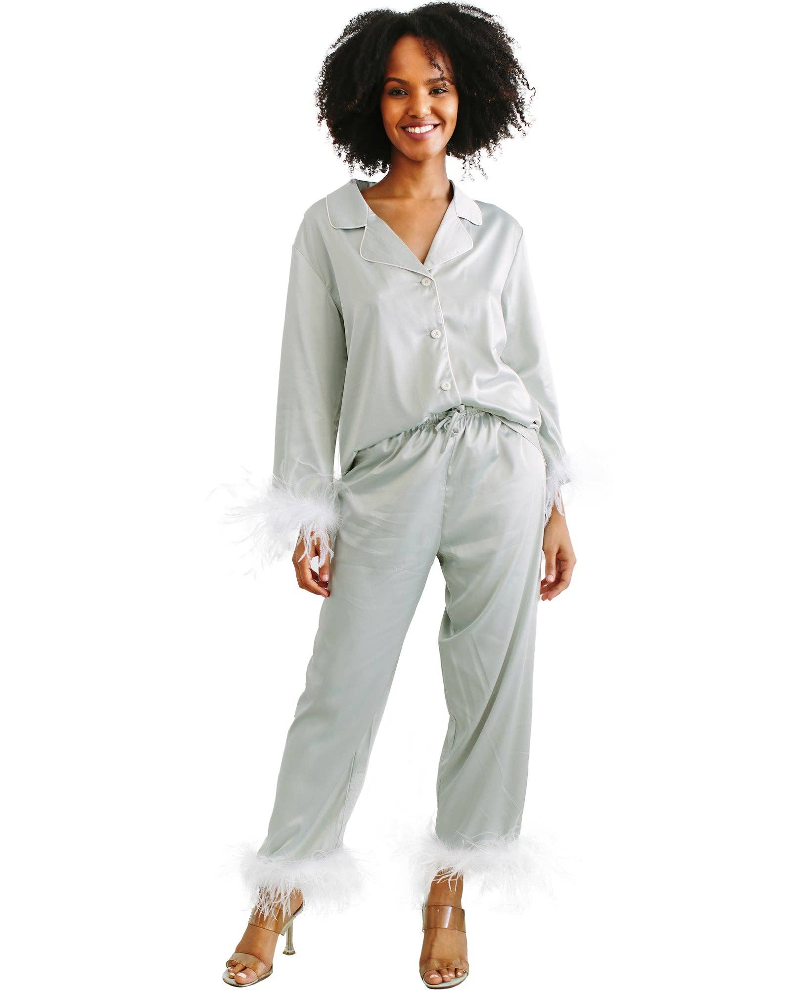Belle's Design Shop - Wholesale Sleepwear Set - Women's - Feather Trim Long Sleeve With Pants Pajama Set6