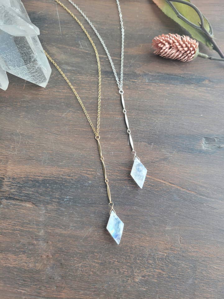 Rainbow Moonstone Y Drop Necklace for wholesale by Leo Eleven Jewelry