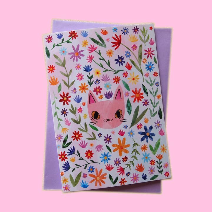 Cartão de Aniversário com Cara de Gato e Flores por atacado de I LIKE CATS