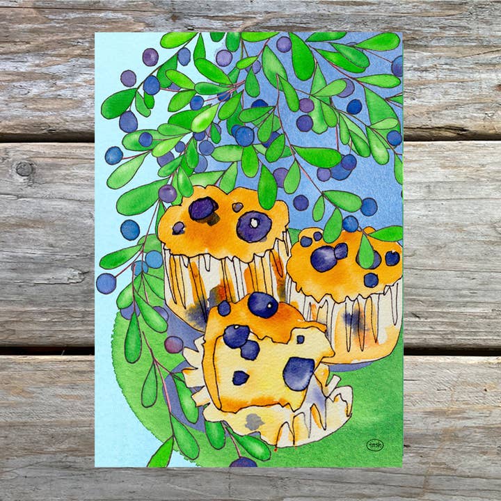 Blueberry Muffins Illustrated Recipe 5 x 7 Art Card for wholesale by Natasha Zahn Studio