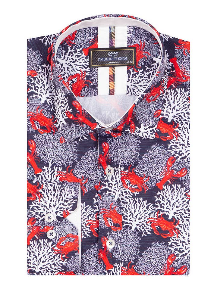 Dark Blue Crab Print Shirt for wholesale by Makrom