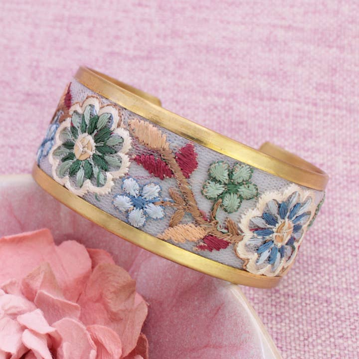 ZAD - Wholesale Cuff Bracelet - Pastel Flowers Embroidered Cuff Bracelet