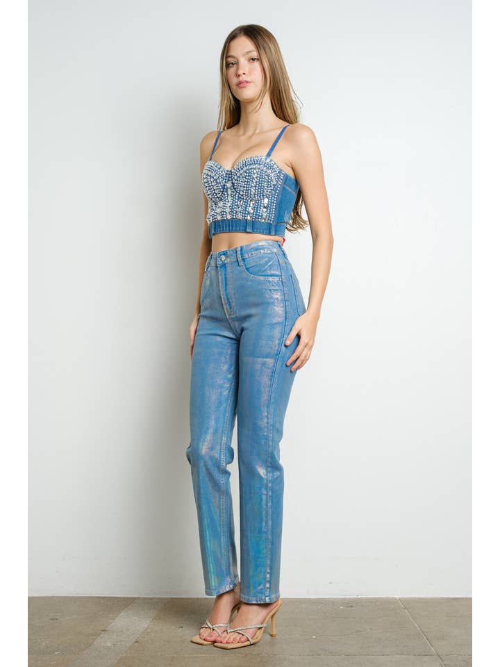 IC2653 Faux Pearl and Rhinestone Denim Corset Top for wholesale on Faire7
