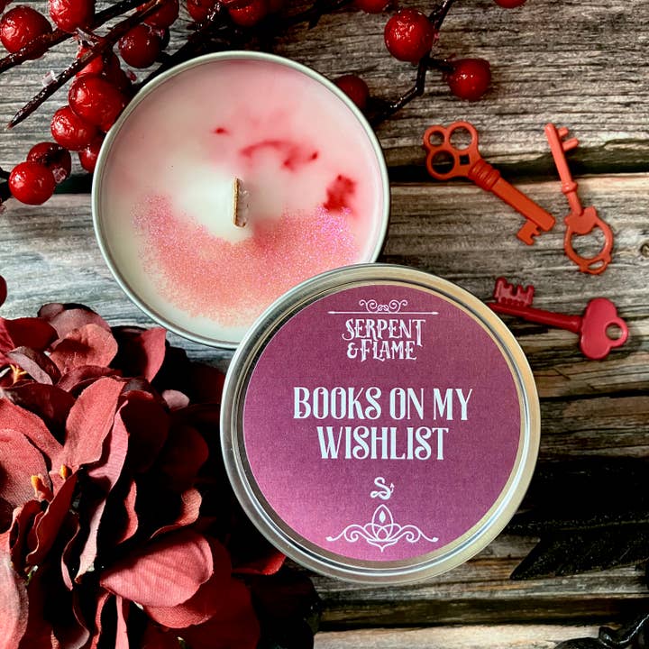 Books on My Wishlist Candle, Pomegranate Cranberry Orange for wholesale by Serpent & Flame Candle Co.