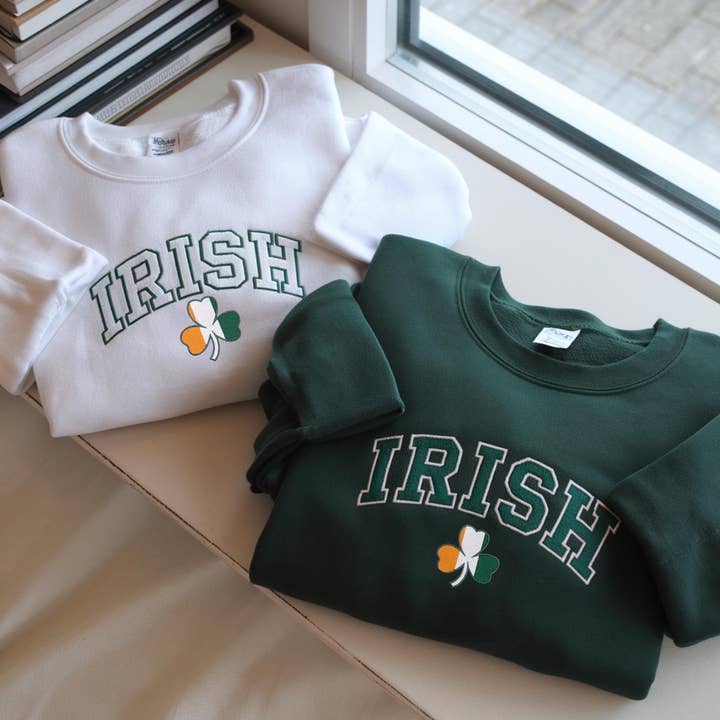 Embroidered St Patrick Sweatshirt, Lucky 4 Leaf Clover Tee for wholesale by ClevorFit