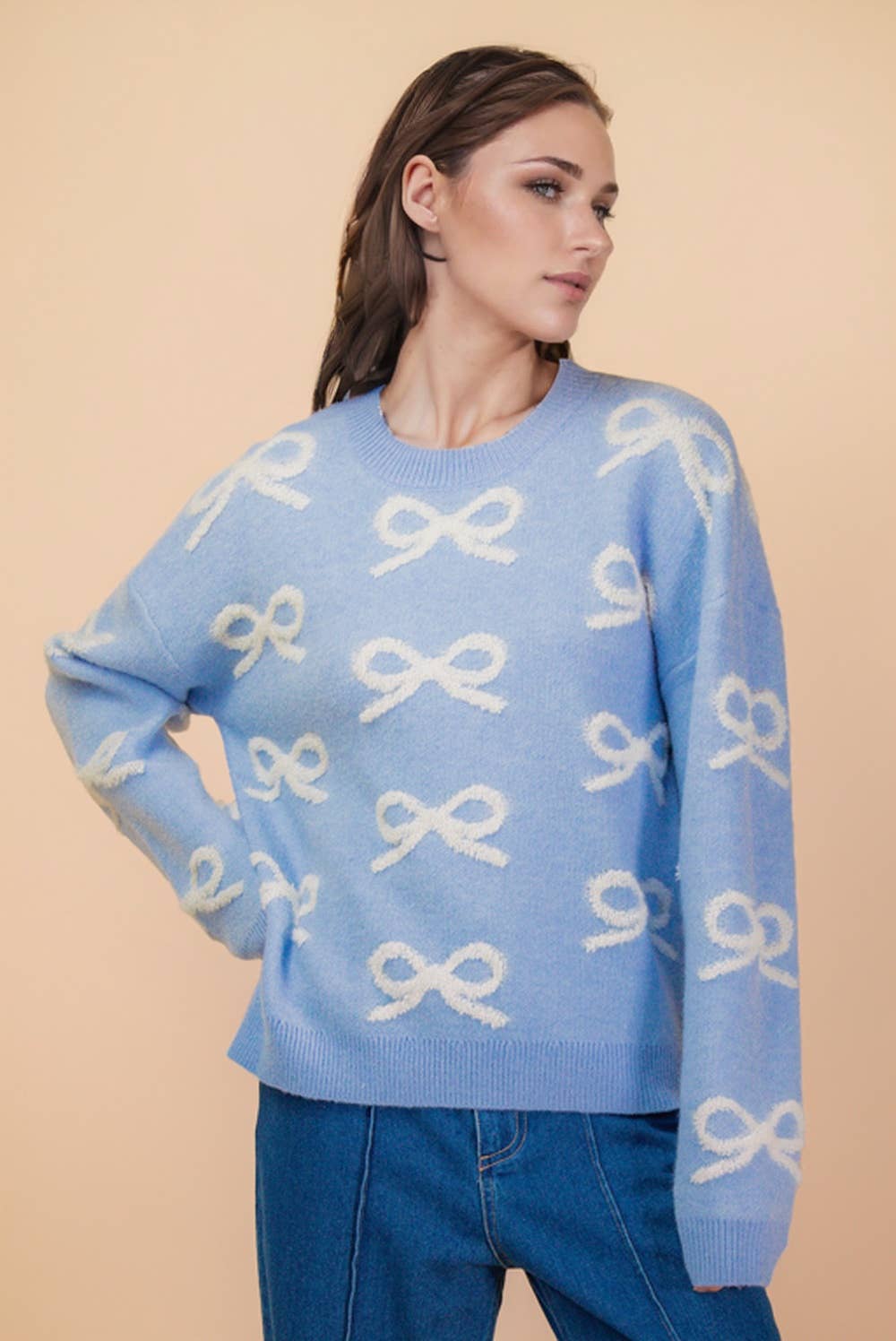 VERY J - Wholesale Knit Sweater - Women's - 12W3516NX-PLUS SIZE Bow Textured Graphic Knit Sweater Top0