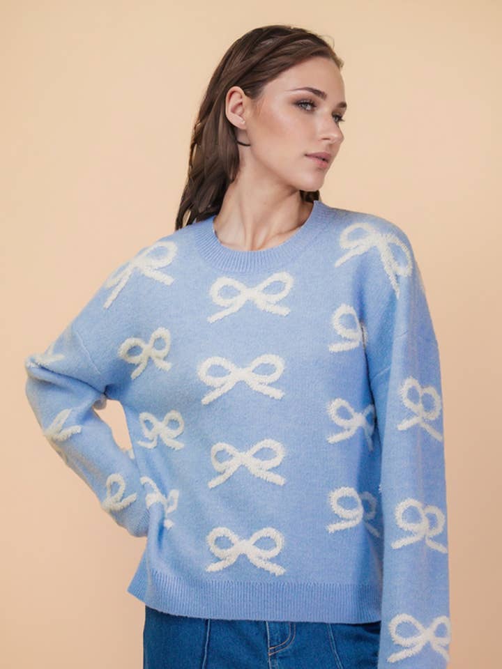 VERY J – Engroshandel Pullover - Dame – 12W3516NX-PLUS SIZE Sløjfe Tekstureret Grafisk Strikket Sweater Top0