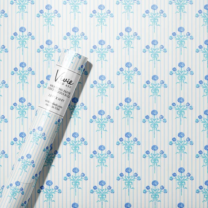 Blue Bow Bouquet Stripe Floral Wrapping Paper Roll for wholesale by Vivie and Ash