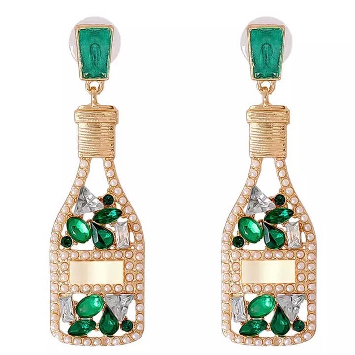Greenwood Designs - Wholesale Dangle earrings - Champagne Bottle Earrings with Green Crystals0