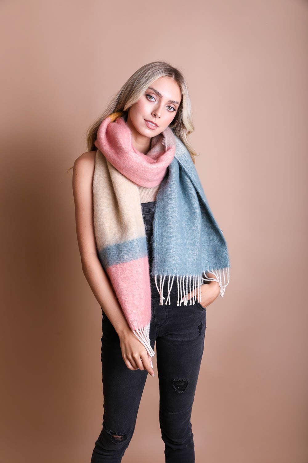 Leto Accessories - Wholesale Scarf - Women's - Winter Color Block Faux Mohair Scarf 3
