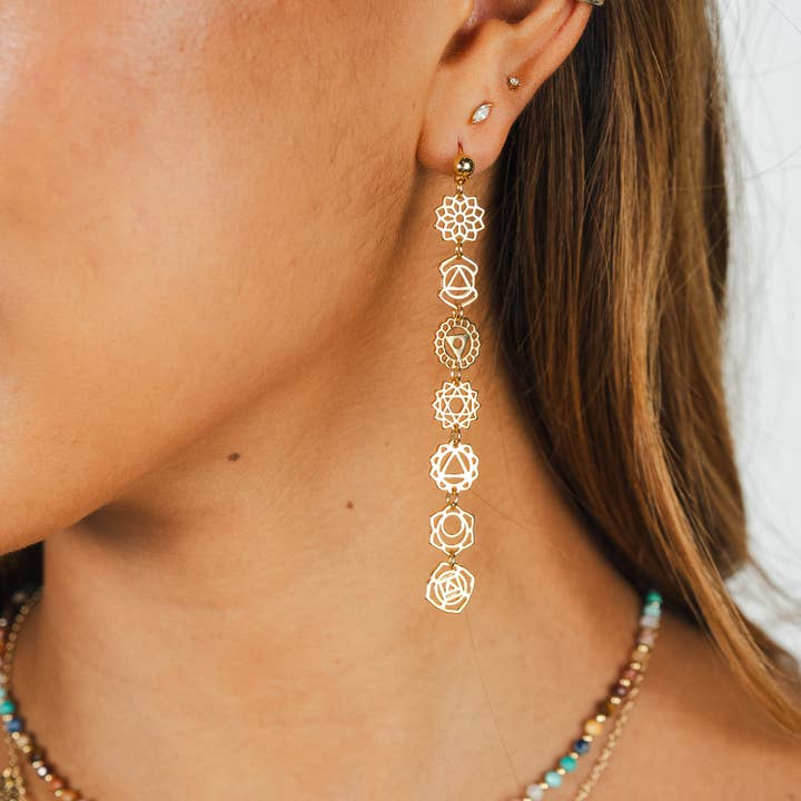Lotus and Luna - Wholesale Dangle Earrings - Gold Seven Chakra Drop Earrings0