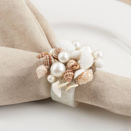 Fennco Styles - Wholesale Napkin Ring - Ivory Seashell Beaded & Resin Napkin Ring0