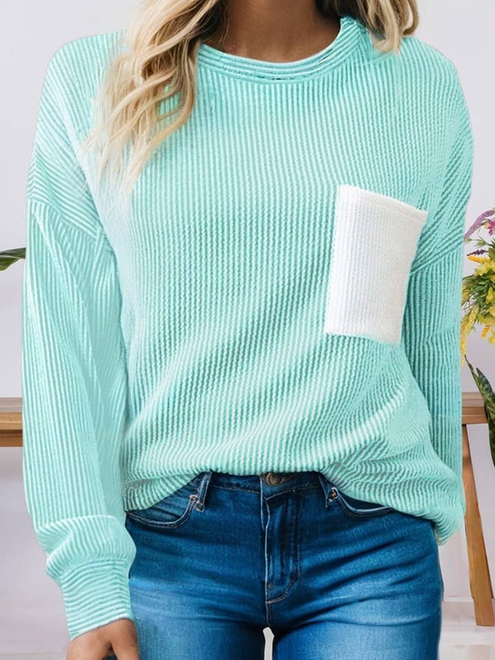 Ribbed Contrast Patch Pocket Long Sleeve Top (S-XL) for wholesale by 66DISCO