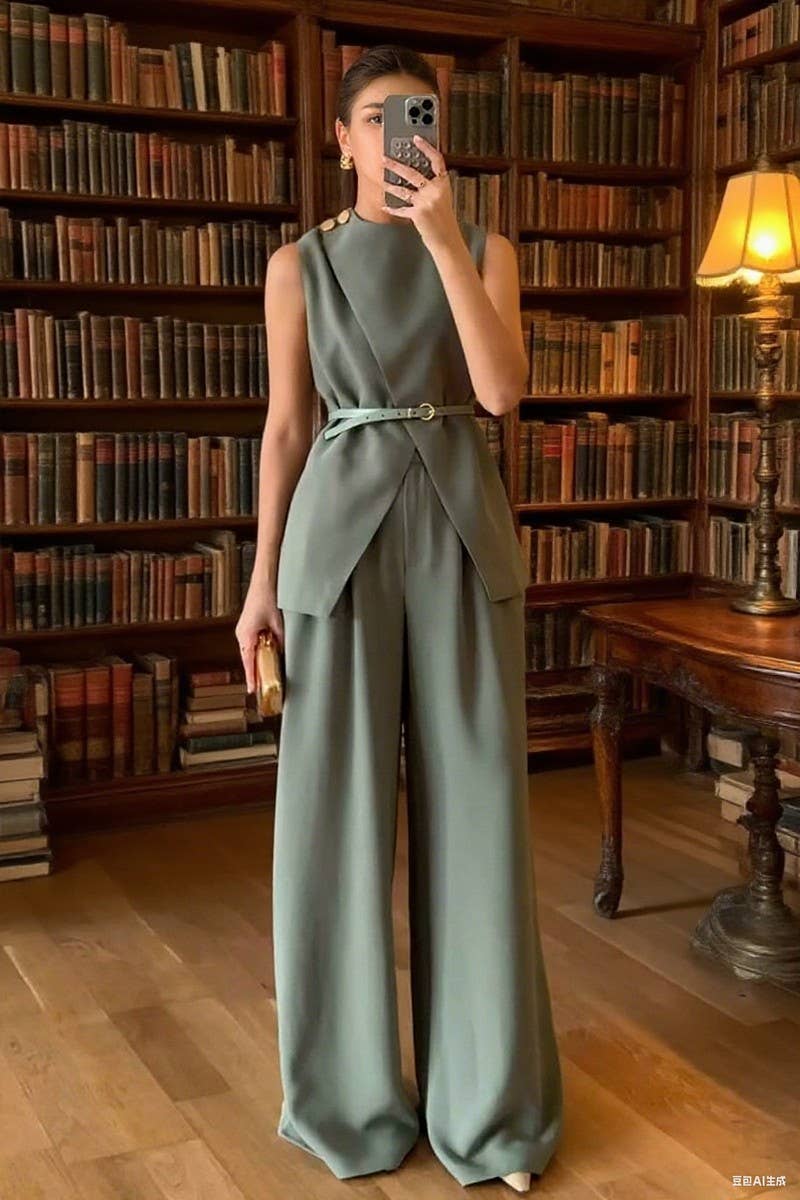 OLIVE CWSTB2156_SLEEVELESS CREW NECK TOP & WIDE-LEG PANTS SET for wholesale on Faire0