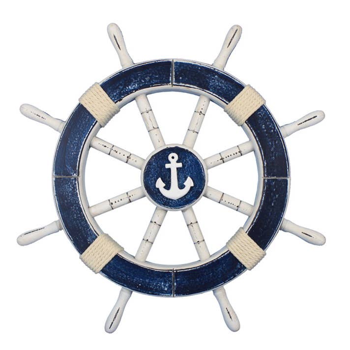 Rustic Dark Blue Decorative Ship Wheel with Anchor 18" for wholesale by Hampton Nautical