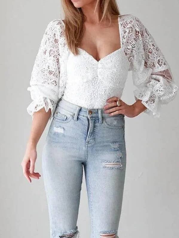 T2023ES0019- White Color Sheel Floral Lace Top for wholesale by MOREGLAM