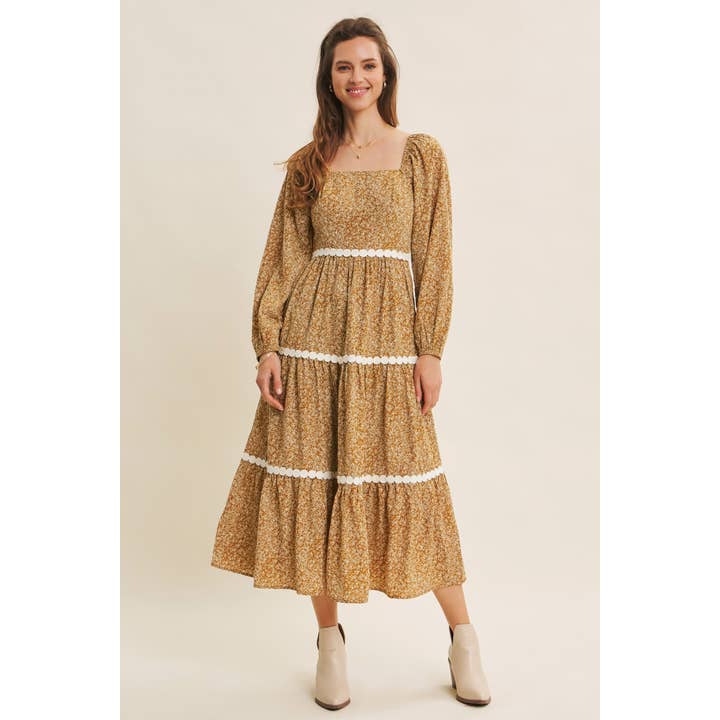in february - Wholesale Dress - Women's - FLORAL TIERED MIDI SMOCKED DRESS WITH ROUND TRIM