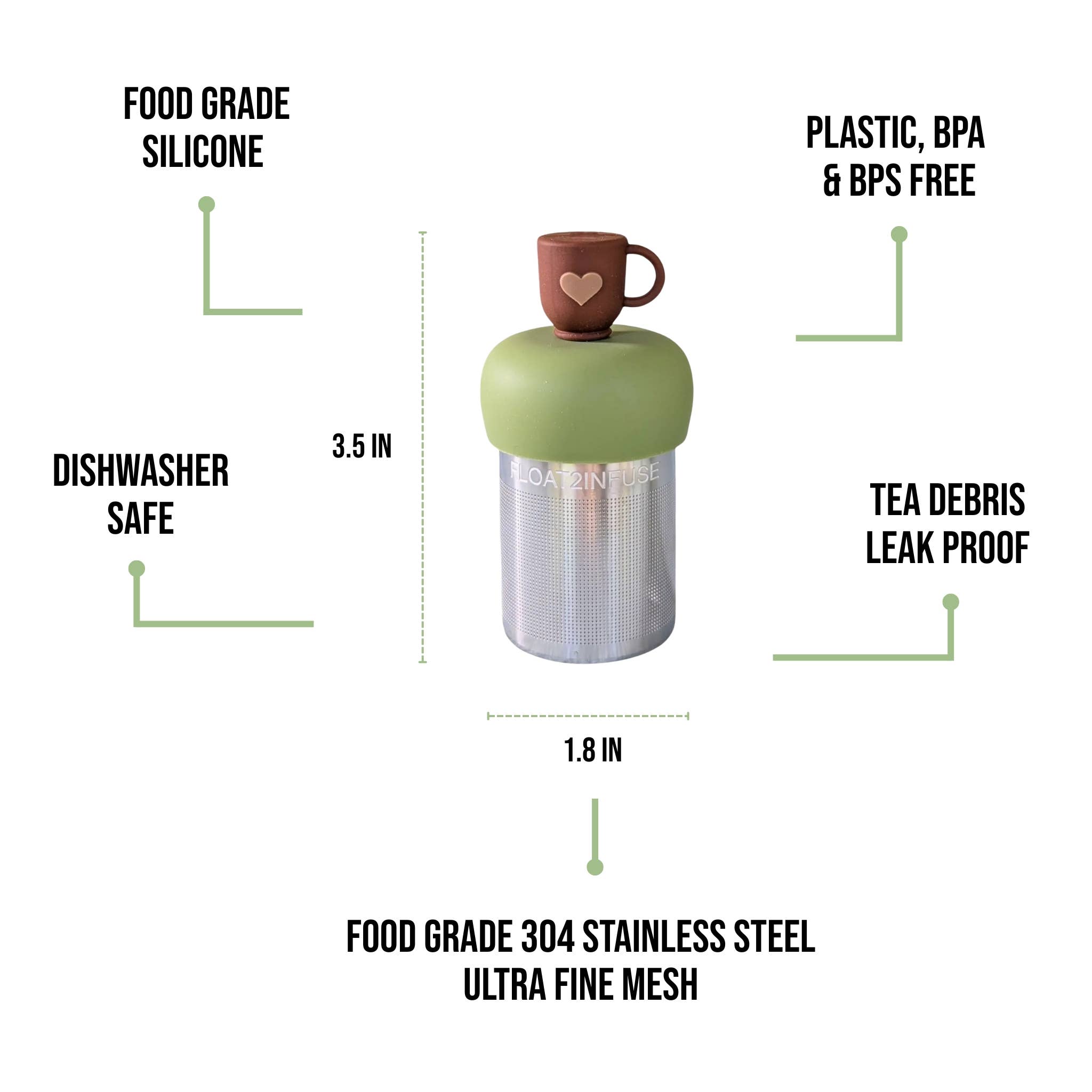 Float2infuse Tea Infuser – wholesale Tesil/Infuser – Hjärta Tekopp | Flytande Te-sil | Grön Bas | Brun2