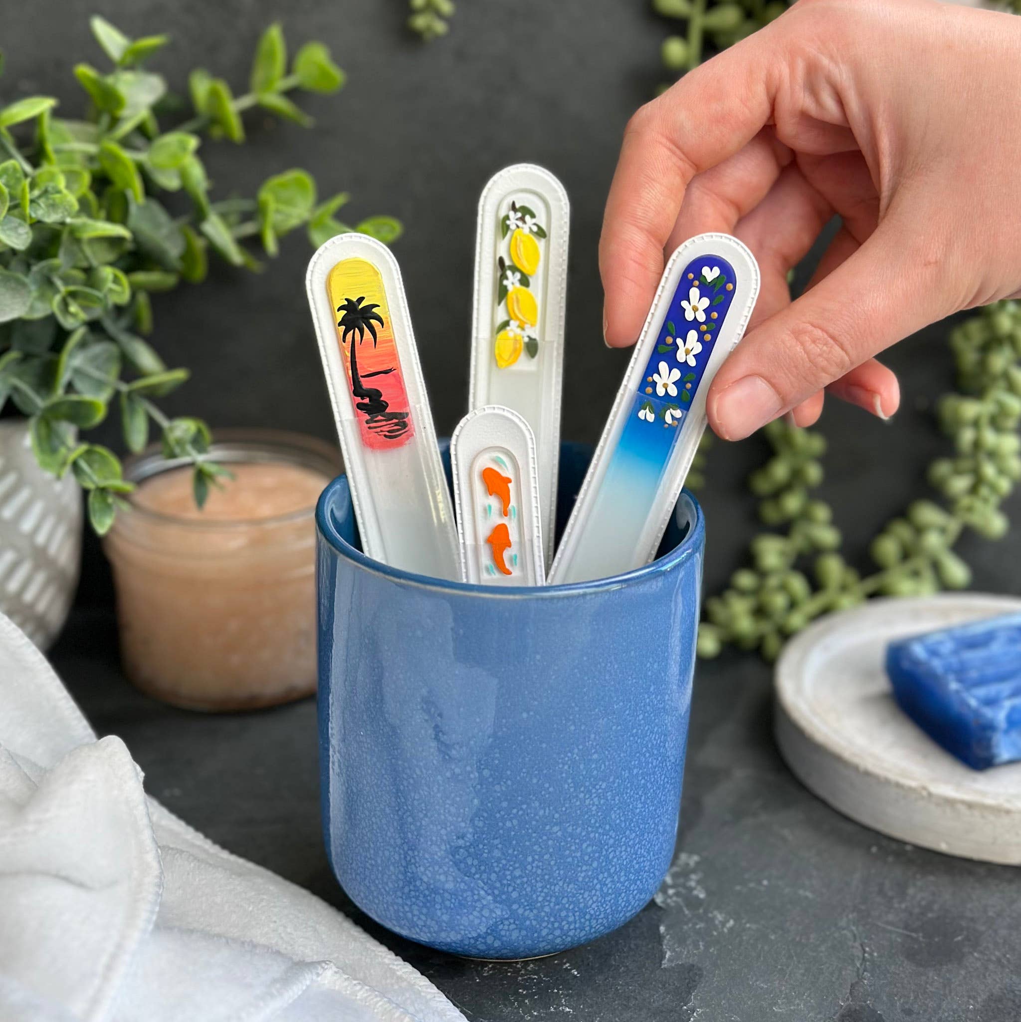 Blue Lemon Art - Wholesale Nail File - Hand Painted Glass Nail File - White Peony5