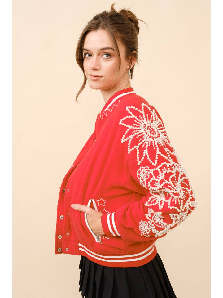 CHEERY RED 22881J - Pearl Embellished Bomber Jacket for wholesale on Faire