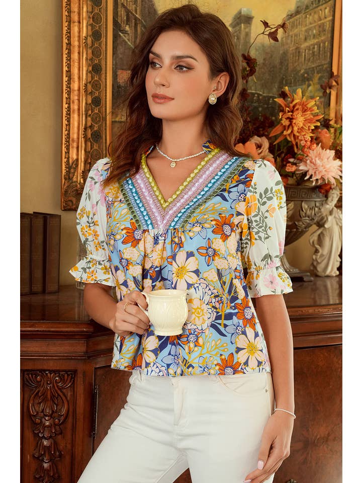 Multi Colored V Neck Half Sleeve Boho Floral Blouse for wholesale on Faire