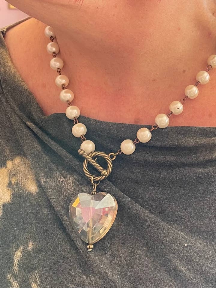 Crystal Heart & Pearl Necklace-Boutique/Gift Shop for wholesale by Savannah Hoffman Designs Artisan Jewelry