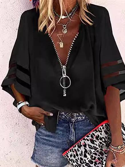 Maglietta estiva con cerniera a V, manica a metà svasata, con inserto a griglia. per la vendita all'ingrosso da parte di Suhkasana