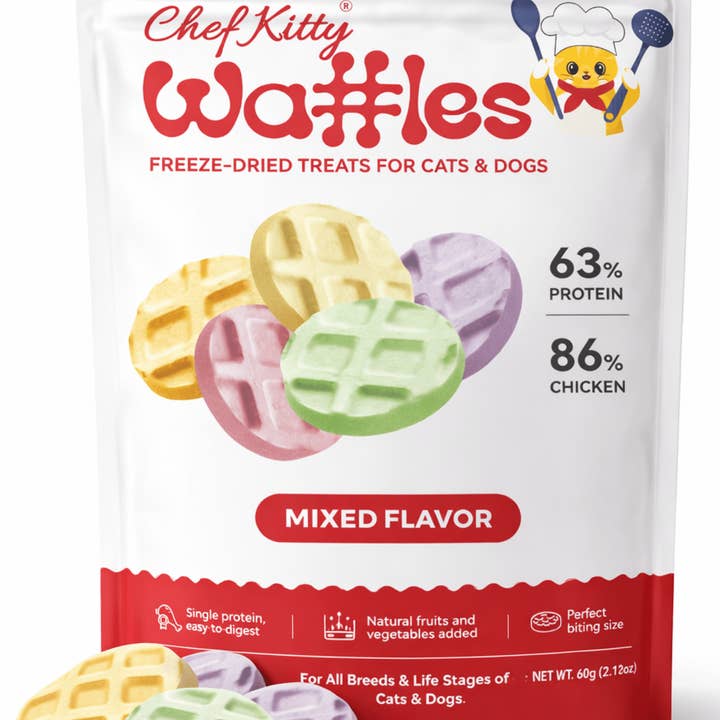 Human Grade Freeze Dried Waffles - Healthy Treats for Cats & Dogs-4 Flavors - Inspected in USA for wholesale by Chef Kitty