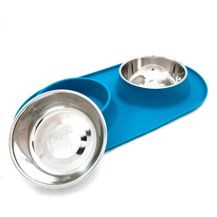 Pet Palette Distribution - Wholesale Pet Bowl - Cat/Dog - Messy Mutts Double Silicone Feeder Blue Large2