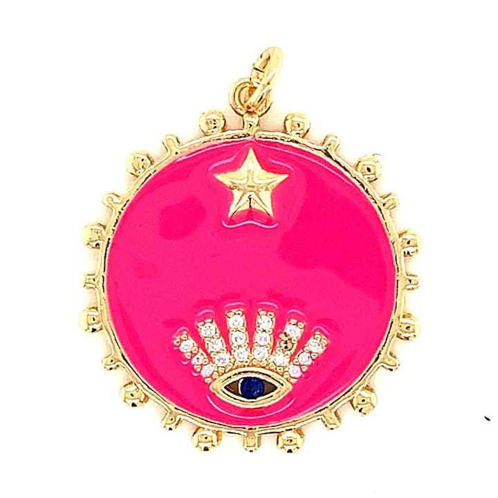 18K Hot Pink Gold Evil Eye Pendant, Gold Lucky Eye Boho Charms, Dainty Evil Eye Pendant, Evil Eye Jewelry, Good Luck Eye Pendant, DIY Charms for wholesale by The Bead Bazaar