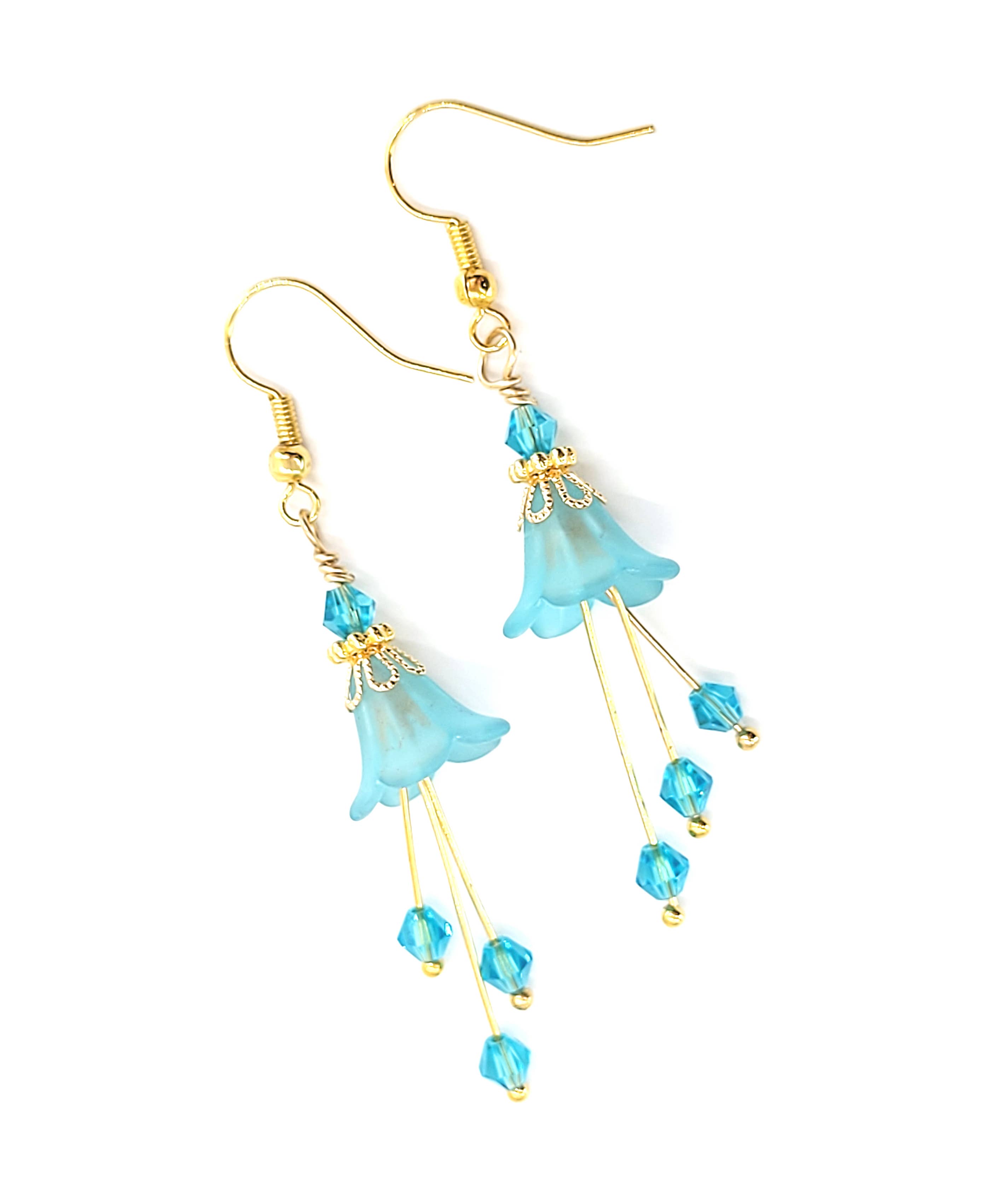 Chic Brico - Wholesale Dangle Earrings - Bell Flower Dangle Earrings - Aqua Blue and Gold4