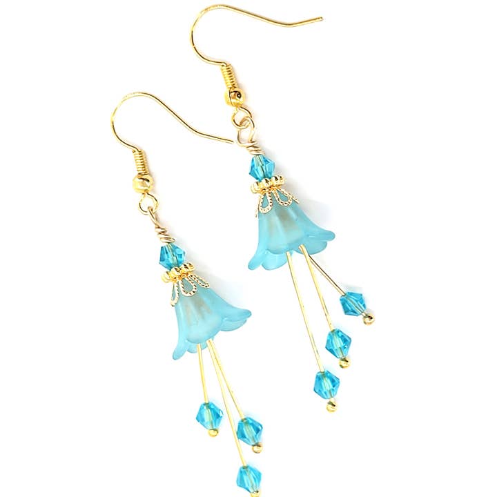 Chic Brico - Wholesale Dangle Earrings - Bell Flower Dangle Earrings - Aqua Blue and Gold4