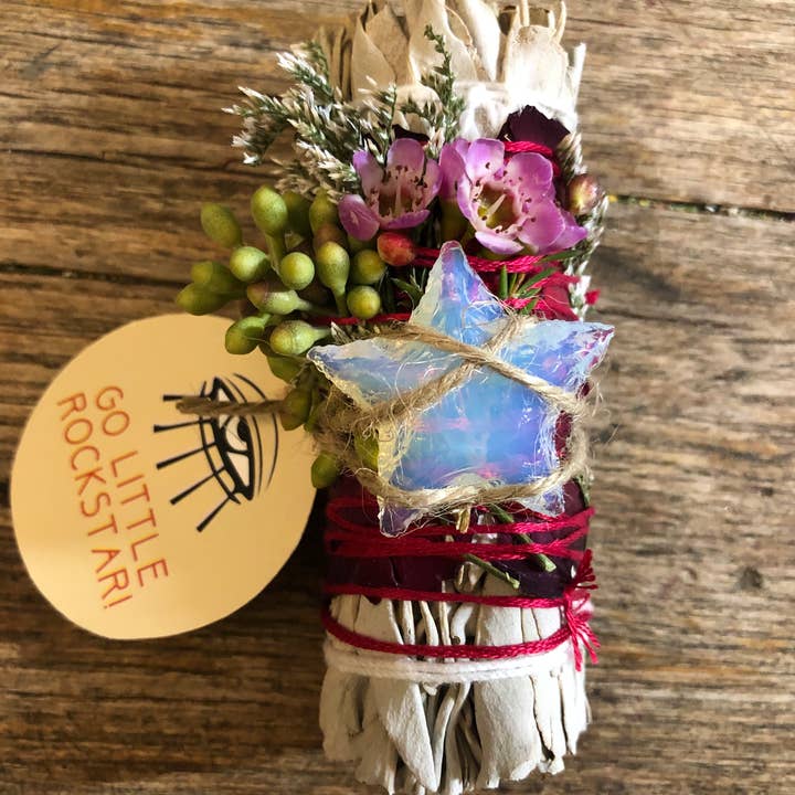 RITUAL GYPSY SAGE WANDS - Wholesale Sage Bundle - 'GO LITTLE ROCKSTAR' Ritual Sage Bundle + Opalite Star - 4"