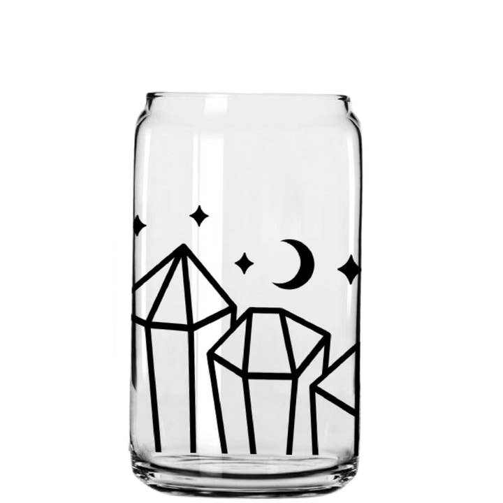 Crystal Moon Glass Cup with clear straw and bamboo lid for wholesale by Smile Graphics and Design