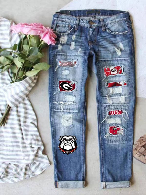 Game Day Ripped Straight Leg Mid Rise Printed Jeans for wholesale by Suhkasana